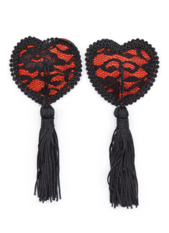 Paire de cache tétons adhésifs en forme de cœur avec dentelle noire et pompom - NP-0077
